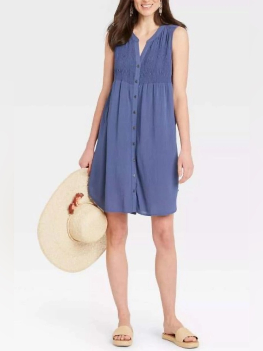 Knox Rose Boho Dark Cottagecore Minimalist Sleeveless Smocked Dress Blue Size L